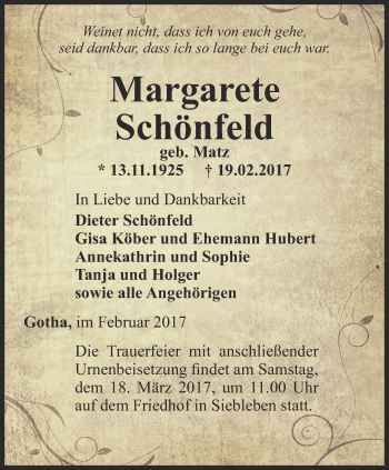 Traueranzeige von Margarete Schönfeld von Ostthüringer Zeitung, Thüringische Landeszeitung