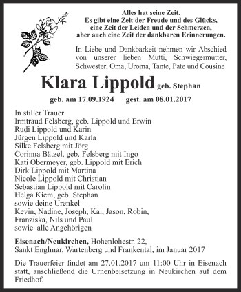 Traueranzeige von Klara Lippold von Thüringer Allgemeine, Thüringische Landeszeitung