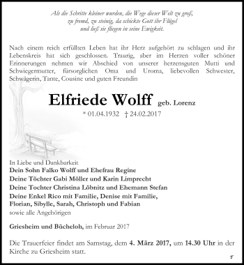 Traueranzeige von Elfriede Wolff von Thüringer Allgemeine