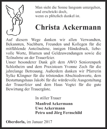 Traueranzeige von Christa Ackermann von Thüringer Allgemeine, Thüringische Landeszeitung