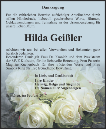 Traueranzeige von Hilda Geißler von Ostthüringer Zeitung