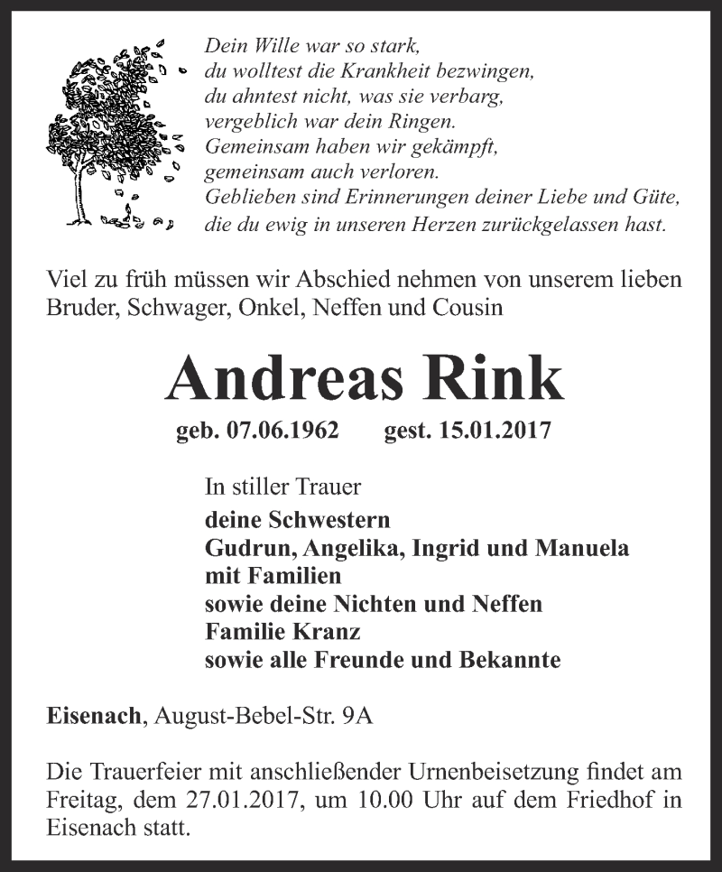  Traueranzeige für Andreas Rink vom 21.01.2017 aus Thüringer Allgemeine, Thüringische Landeszeitung