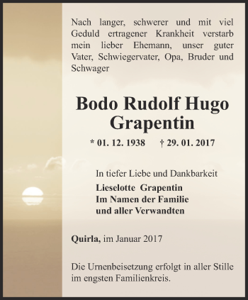 Traueranzeige von Bodo Rudolf Hugo Grapentin von Ostthüringer Zeitung