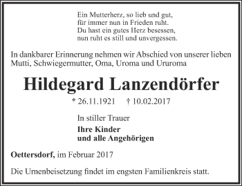 Traueranzeige von Hildegard Lanzendörfer von Ostthüringer Zeitung