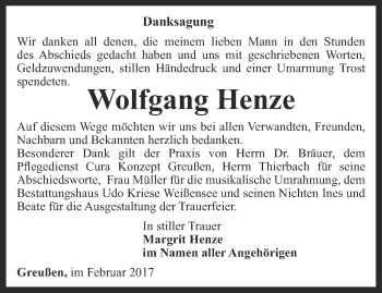 Traueranzeige von Wolfgang Henze von Thüringer Allgemeine