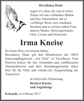 Traueranzeige von Irma Kneise von Thüringer Allgemeine