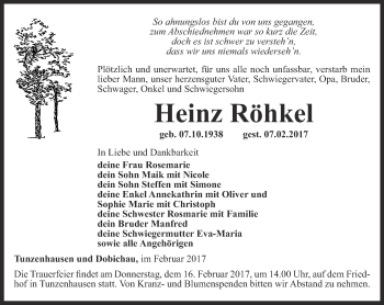 Traueranzeige von Heinz Röhkel von Thüringer Allgemeine