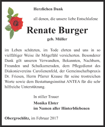 Traueranzeige von Renate Burger von Ostthüringer Zeitung