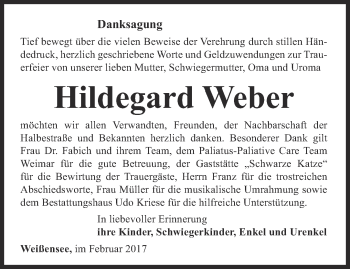 Traueranzeige von Hildegard Weber von Thüringer Allgemeine