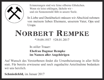 Traueranzeige von Norbert Rempke von Ostthüringer Zeitung