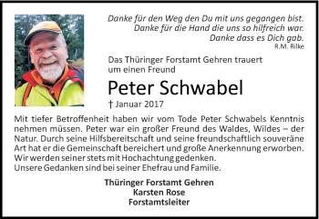 Traueranzeige von Peter Schwabel von Thüringer Allgemeine