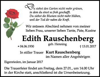 Traueranzeige von Edith Rauschenberg von Thüringer Allgemeine, Thüringische Landeszeitung