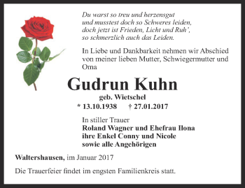 Traueranzeige von Gudrun Kuhn von Ostthüringer Zeitung, Thüringische Landeszeitung