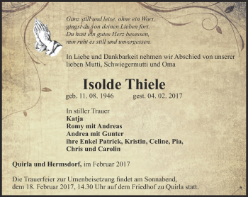 Traueranzeige von Isolde Thiele von Ostthüringer Zeitung