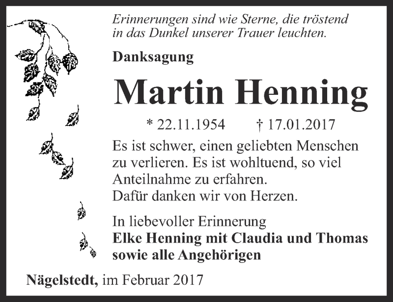  Traueranzeige für Martin Henning vom 11.02.2017 aus Thüringer Allgemeine, Thüringische Landeszeitung