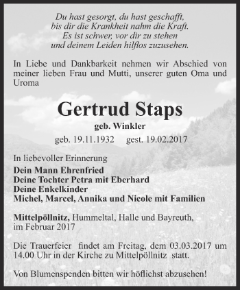 Traueranzeige von Gertrud Staps von Ostthüringer Zeitung