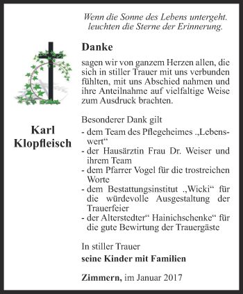 Traueranzeige von Karl Klopfleisch von Thüringer Allgemeine, Thüringische Landeszeitung