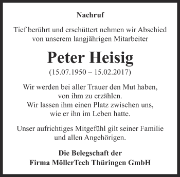 Traueranzeige von Peter Heisig von Ostthüringer Zeitung, Thüringische Landeszeitung