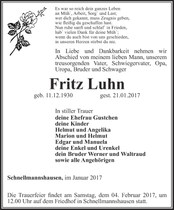 Traueranzeige von Fritz Luhn von Thüringer Allgemeine, Thüringische Landeszeitung