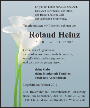 Traueranzeige von Roland Heinz von Thüringer Allgemeine, Thüringische Landeszeitung