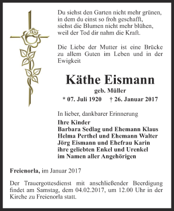 Traueranzeige von Käthe Eismann von Ostthüringer Zeitung, Thüringische Landeszeitung