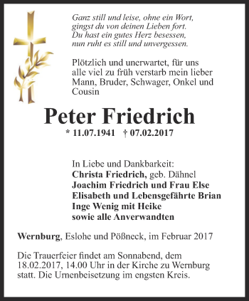 Traueranzeige von Peter Friedrich von Ostthüringer Zeitung