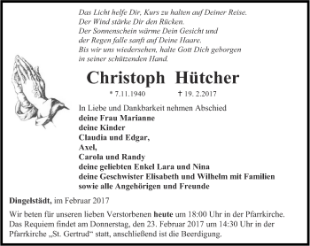 Traueranzeige von Christoph Hütcher von Thüringer Allgemeine
