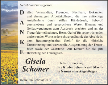 Traueranzeige von Gisela Schoner von Ostthüringer Zeitung