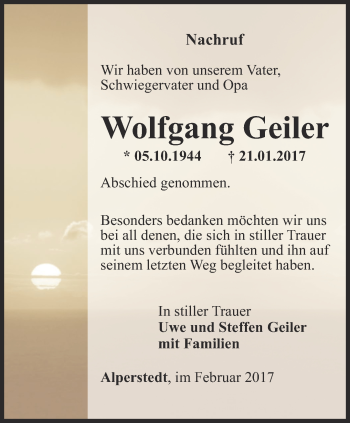 Traueranzeige von Wolfgang Geiler von Thüringer Allgemeine