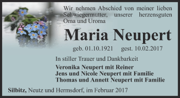 Traueranzeige von Maria Neupert von Ostthüringer Zeitung