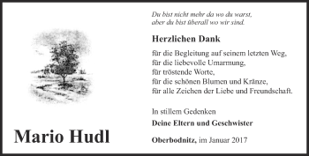 Traueranzeige von Mario Hudl von Ostthüringer Zeitung, Thüringische Landeszeitung