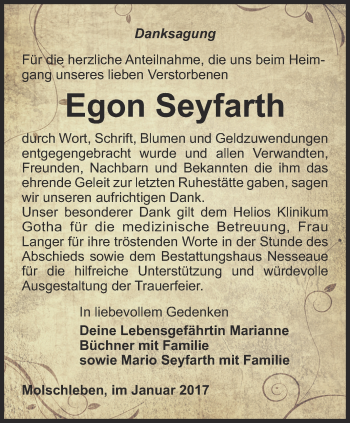 Traueranzeige von Egon Seyfarth von Ostthüringer Zeitung, Thüringische Landeszeitung