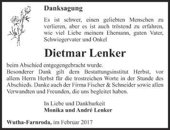 Traueranzeige von Dietmar Lenker von Thüringer Allgemeine, Thüringische Landeszeitung