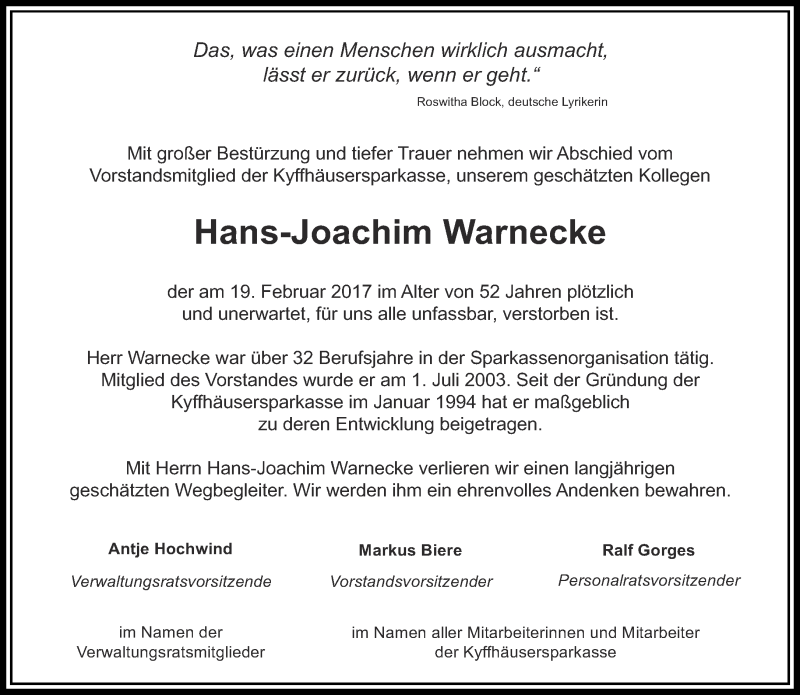  Traueranzeige für Hans-Joachim Warnecke vom 23.02.2017 aus Thüringer Allgemeine
