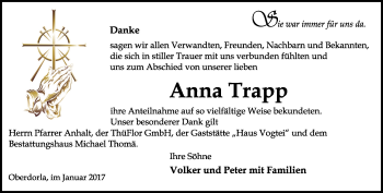 Traueranzeige von Anna Trapp von Thüringer Allgemeine, Thüringische Landeszeitung