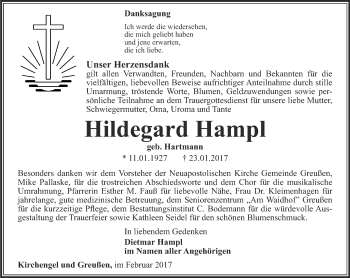 Traueranzeige von Hildegard Hampl von Thüringer Allgemeine