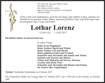 Traueranzeige von Lothar Lorenz von Ostthüringer Zeitung