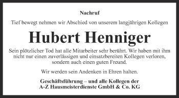 Traueranzeige von Hubert Henniger von Ostthüringer Zeitung, Thüringische Landeszeitung