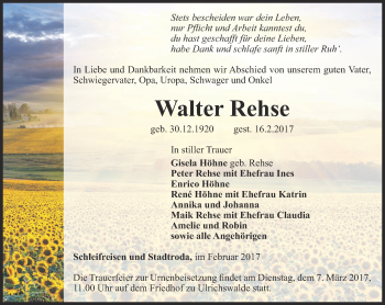 Traueranzeige von Walter Rehse von Ostthüringer Zeitung