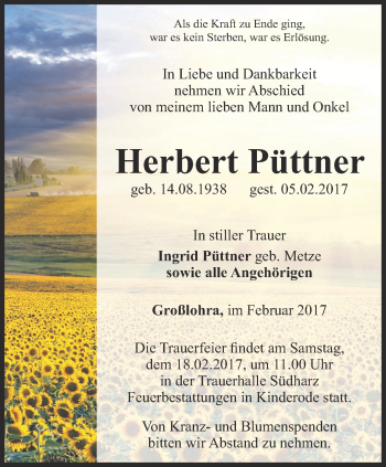 Traueranzeige von Herbert Püttner von Thüringer Allgemeine