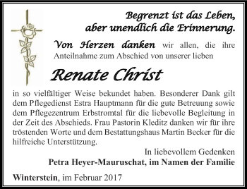 Traueranzeige von Renate Christ von Ostthüringer Zeitung, Thüringische Landeszeitung