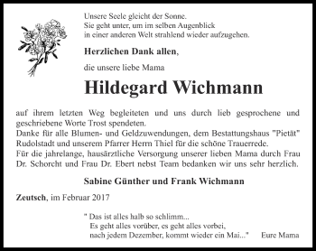 Traueranzeige von Hildegard Wichmann von Ostthüringer Zeitung