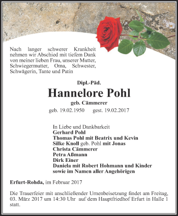Traueranzeige von Hannelore Pohl von Thüringer Allgemeine, Thüringische Landeszeitung