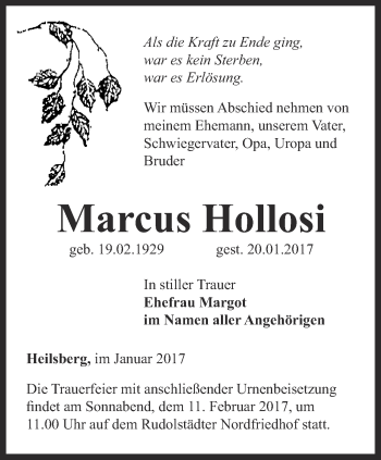 Traueranzeige von Marcus Hollosi von Ostthüringer Zeitung