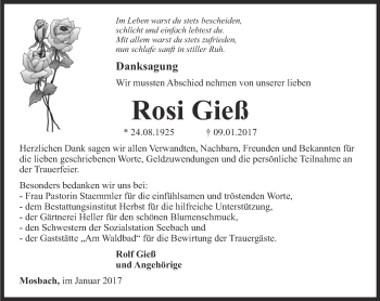 Traueranzeige von Rosi Gieß von Thüringer Allgemeine, Thüringische Landeszeitung