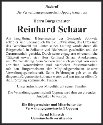 Traueranzeige von Reinhard Schaar von Ostthüringer Zeitung