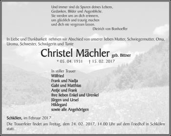 Traueranzeige von Christel Mächler von Ostthüringer Zeitung