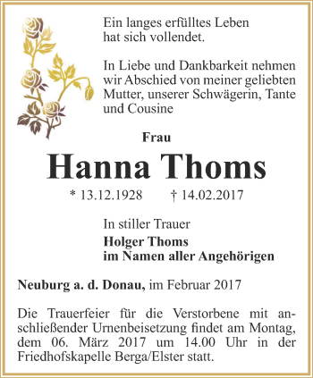 Traueranzeige von Hanna Thoms von Ostthüringer Zeitung