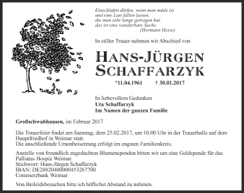 Traueranzeige von Hans-Jürgen Schaffarzyk von Thüringer Allgemeine, Thüringische Landeszeitung
