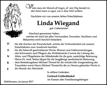 Traueranzeige von Linda Wiegand von Thüringer Allgemeine, Thüringische Landeszeitung